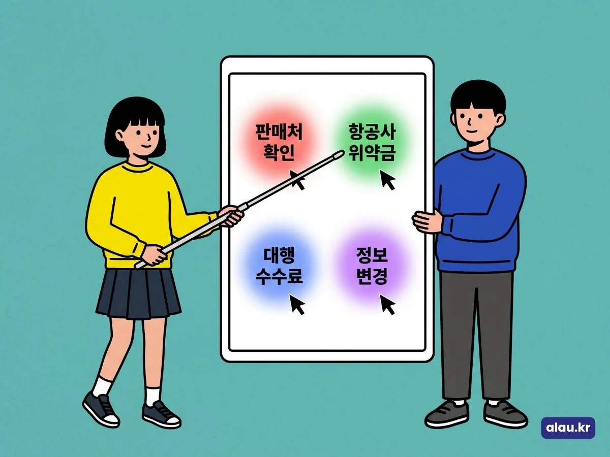 항공권 결제 전에 화면에서 확인할 네 가지로 판매처 확인, 항공사 위약금, 대행 수수료, 정보 변경을 태블릿 화면에서 짚어 보는 그림
