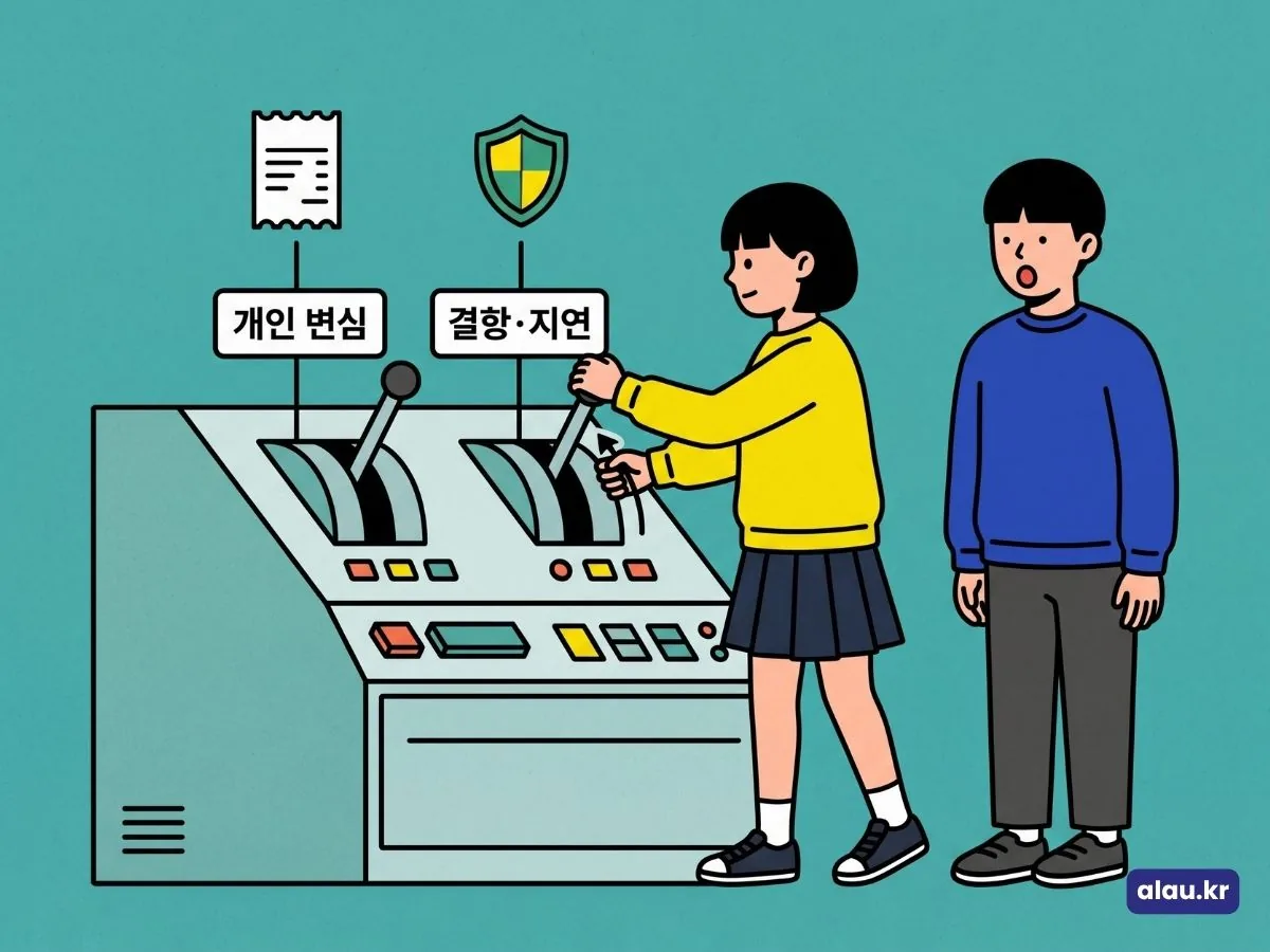 개인 변심과 결항·지연이라고 적힌 두 개의 레버가 달린 조작판에서 상황에 맞는 쪽을 고르는 그림