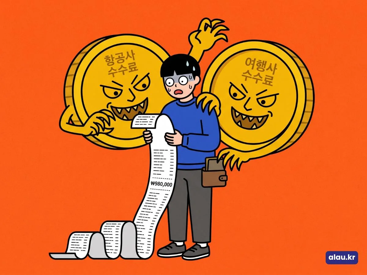 항공사 수수료와 여행사 수수료라고 적힌 동전 두 개가 긴 취소 영수증을 든 사람을 양쪽에서 붙잡는 그림