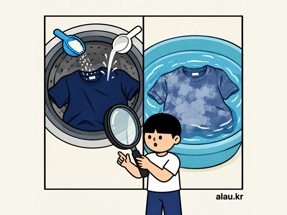 산소계 표백제 사용 조건 비교 — 왼쪽은 세탁기에 세제와 함께 넣어 색이 그대로인 옷, 오른쪽은 표백제 녹인 물에 담가 색이 빠진 옷