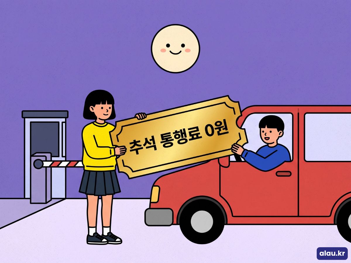 요금소 차단기 앞에서 '추석 통행료 0원' 안내판을 든 사람과 통과하는 자동차