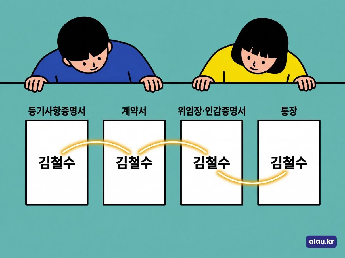 계약금 송금 전 등기사항증명서, 계약서, 위임장·인감증명서, 통장에 적힌 이름이 모두 같은지 대조하는 그림