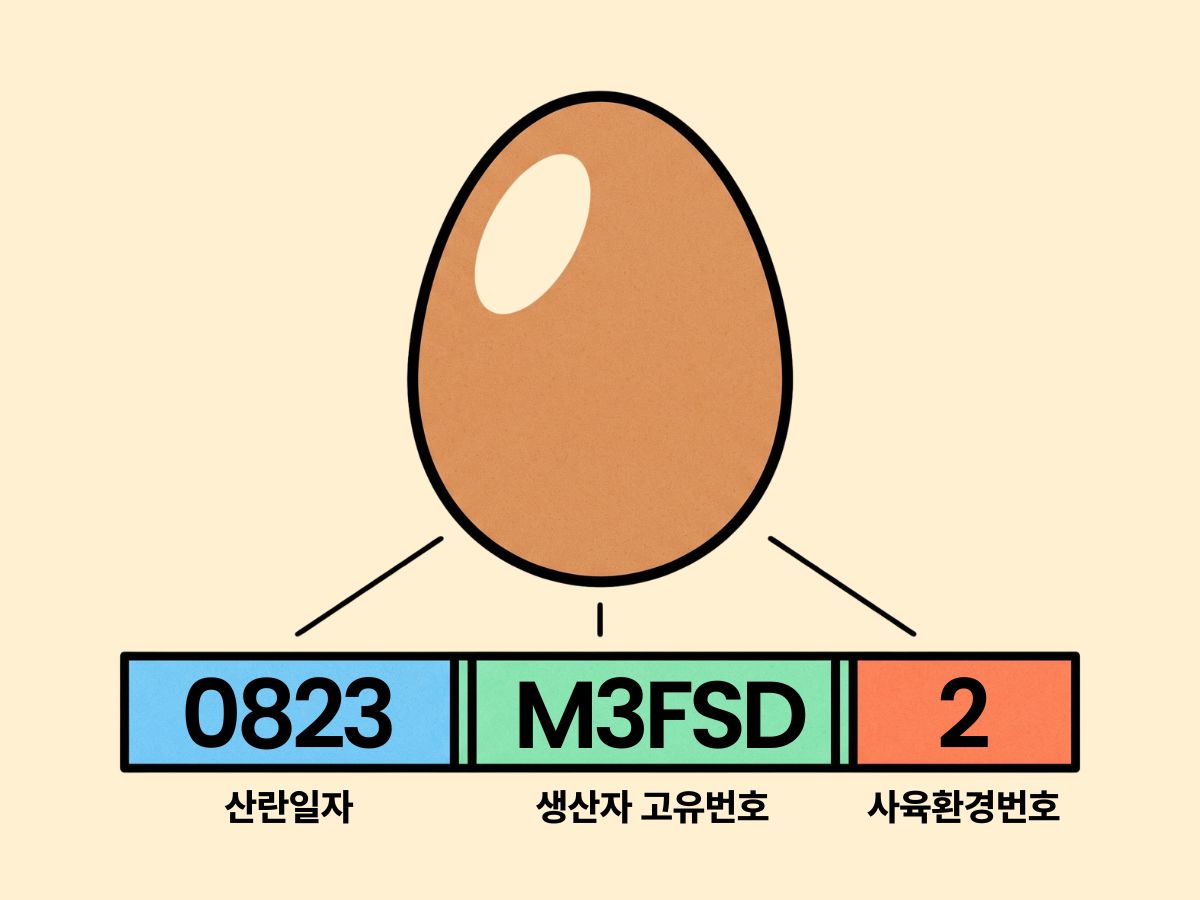 달걀 껍데기 표시 10자리 구조 — 0823은 산란일자, M3FSD는 가축사육업 고유번호, 마지막 2는 사육환경번호