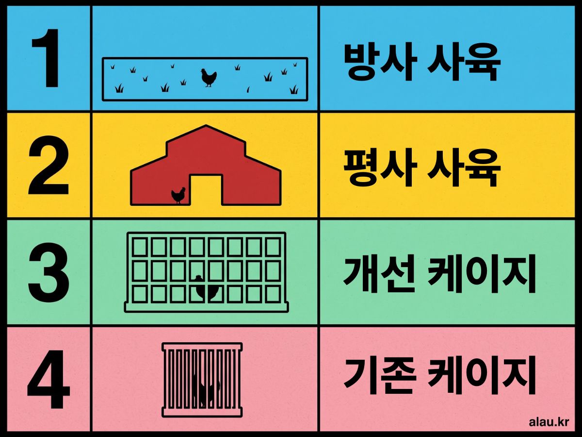 사육환경번호 네 가지 — 1 방사 사육, 2 평사 사육, 3 개선 케이지, 4 기존 케이지