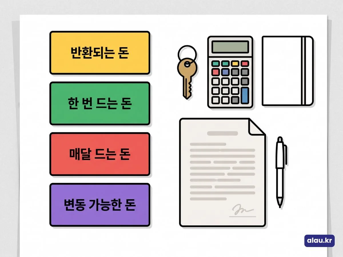 첫 자취 첫 달 비용을 반환되는 돈, 한 번 드는 돈, 매달 드는 돈, 변동 가능한 돈으로 나눈 그림