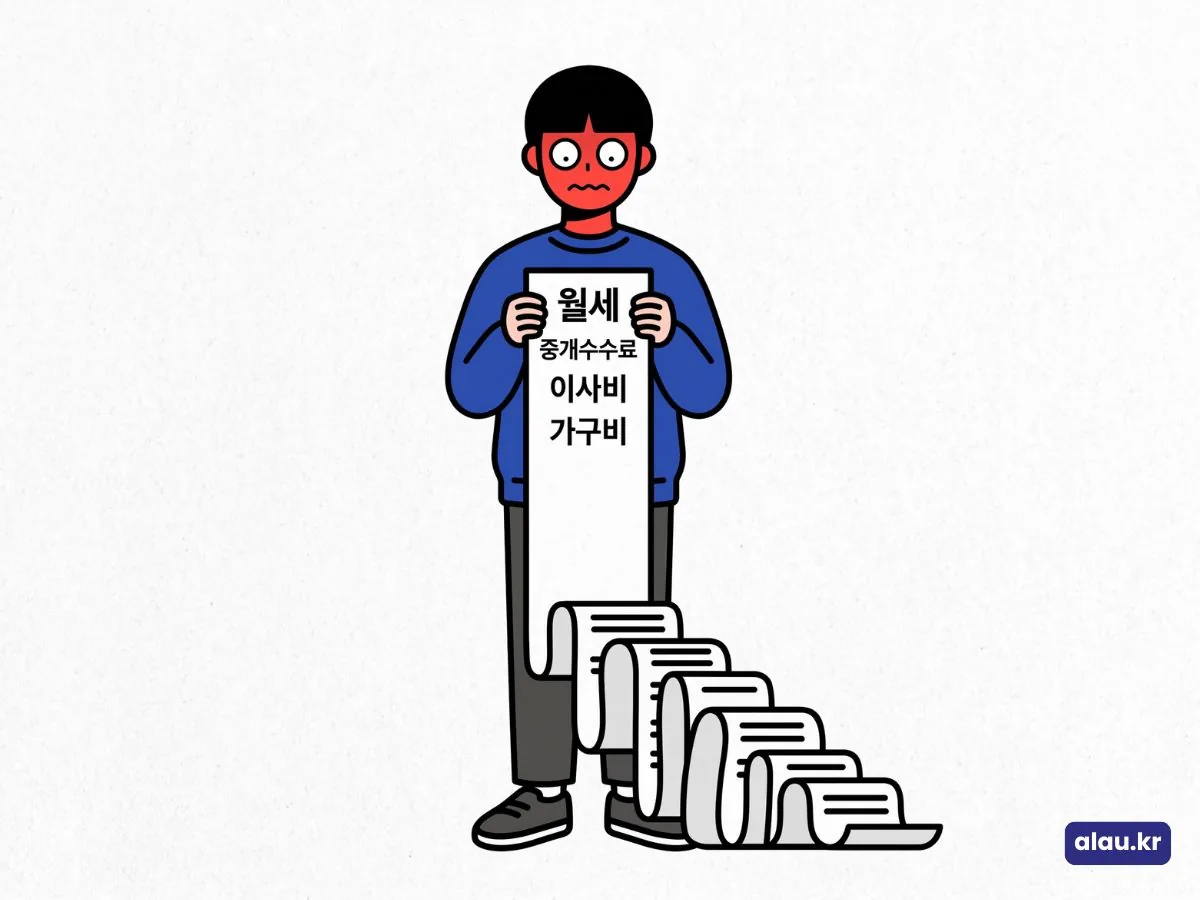 첫 자취 첫 달 비용으로 월세, 중개수수료, 이사비, 가구비가 길게 적힌 영수증을 들고 놀란 사람 그림