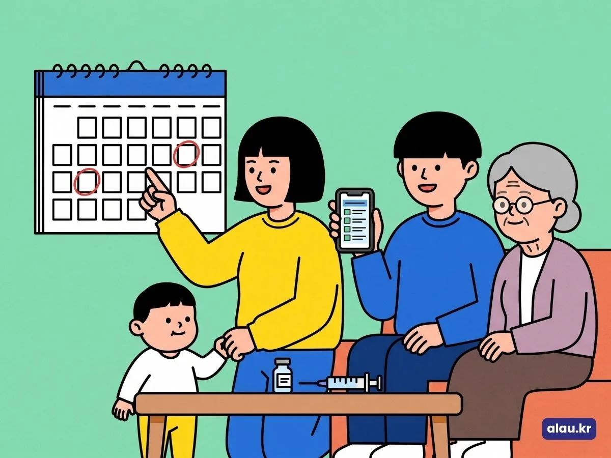 아이와 어르신이 함께 있는 가족이 달력 앞에서 우리 집은 언제부터 독감 무료접종을 받을 수 있는지 시작일을 짚어 보는 그림