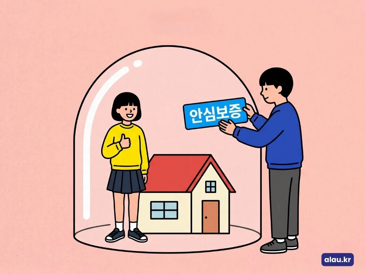 전세보증금 반환보증료 지원을 안내하는 보호막 속 전셋집과 안심보증 표지 일러스트