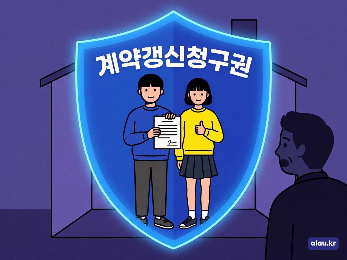 계약갱신청구권이라고 적힌 방패 안에서 계약서를 든 임차인 두 사람과 밖에서 지켜보는 임대인 일러스트