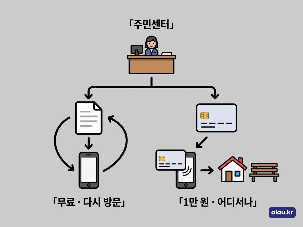 모바일 주민등록증 발급의 주민센터 QR 방식과 IC 주민등록증 태그 방식 비교