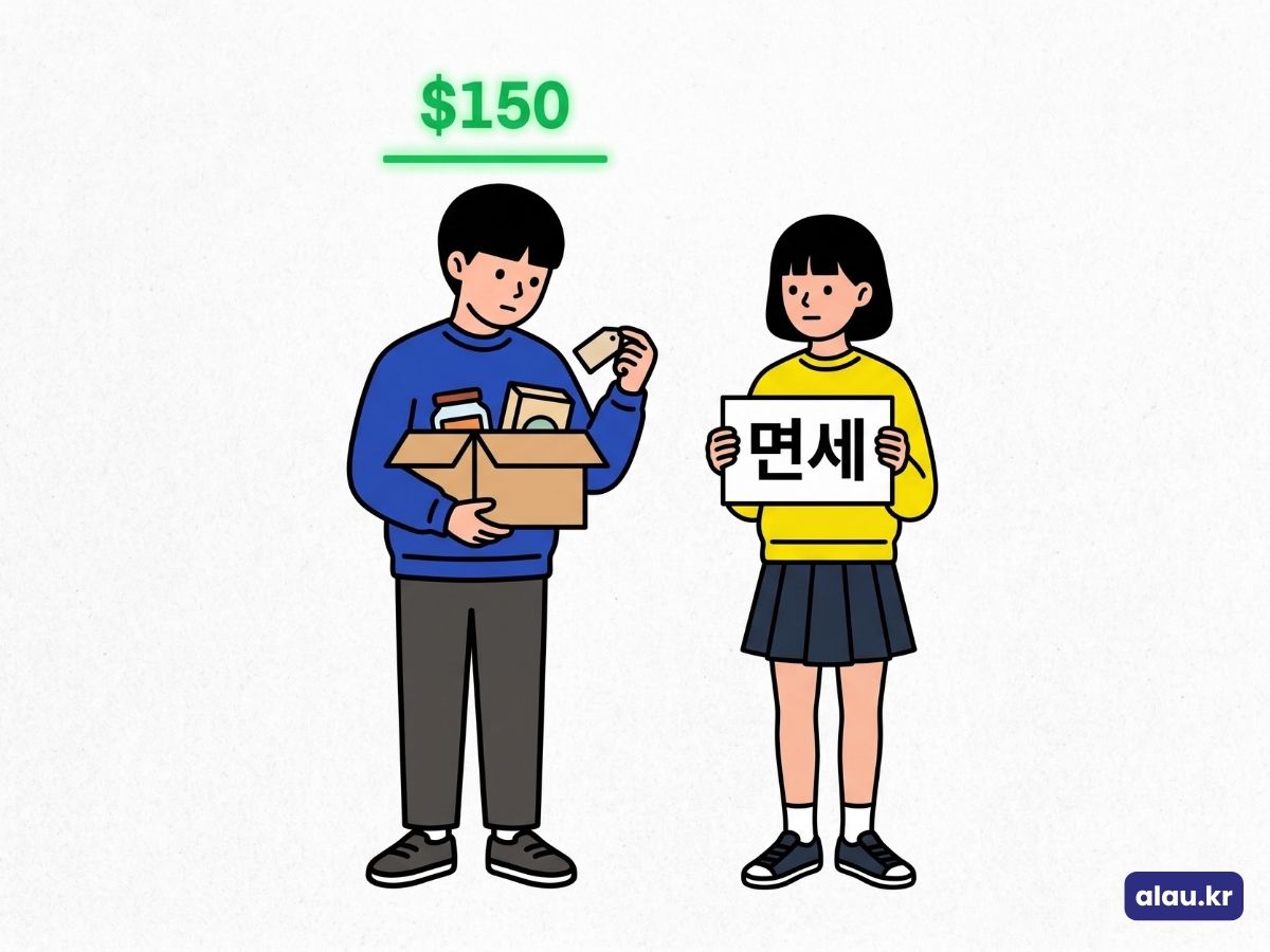 150달러 면세 기준을 저울로 비교하는 장면