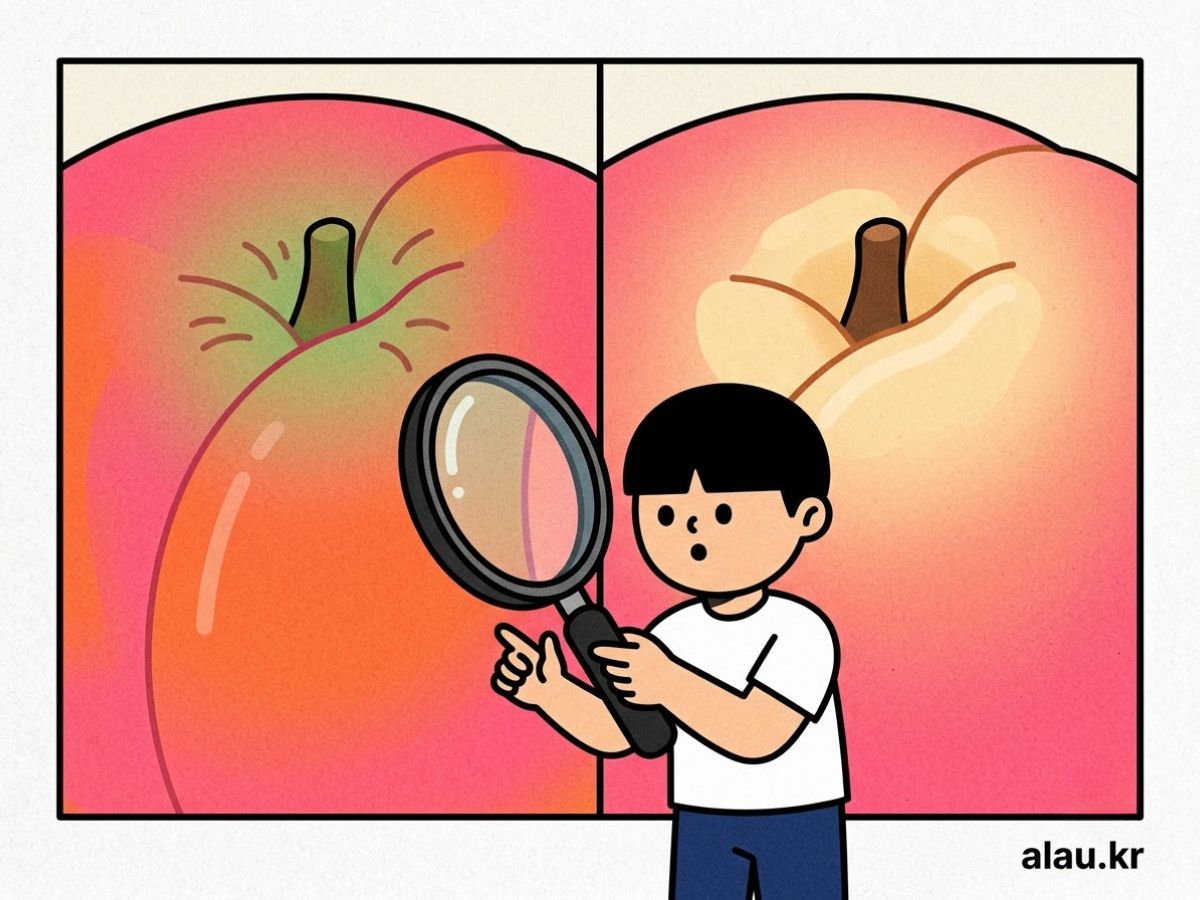 복숭아 꼭지 주변 색 비교 — 왼쪽은 초록빛이 남은 덜 익은 복숭아, 오른쪽은 크림색으로 알맞게 익은 복숭아