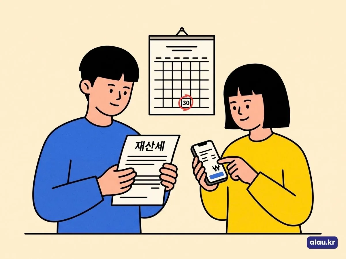 9월 재산세 납부기한인 30일을 달력에서 짚으며 고지서를 들고 휴대폰으로 납부 화면을 여는 그림