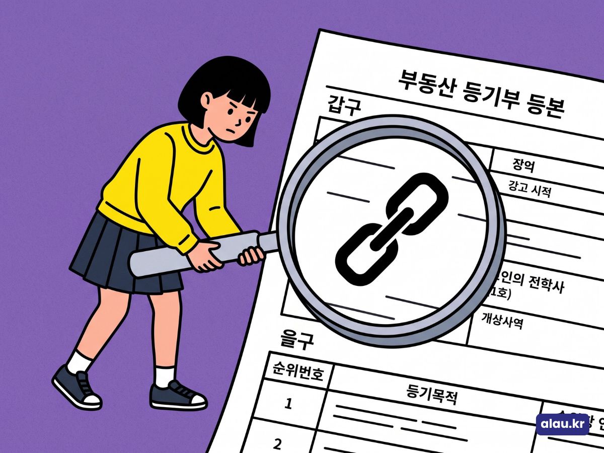 등기부등본 보는 법을 확인하며 갑구와 을구를 돋보기로 살펴보는 일러스트