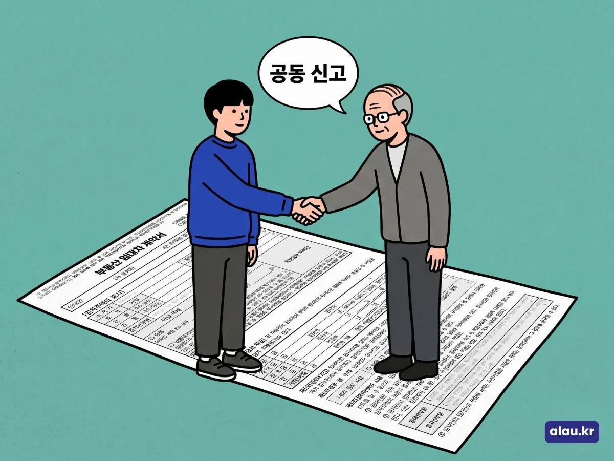 임대인과 임차인이 부동산 임대차 계약서 위에서 악수하며 전월세 신고를 공동으로 하는 모습