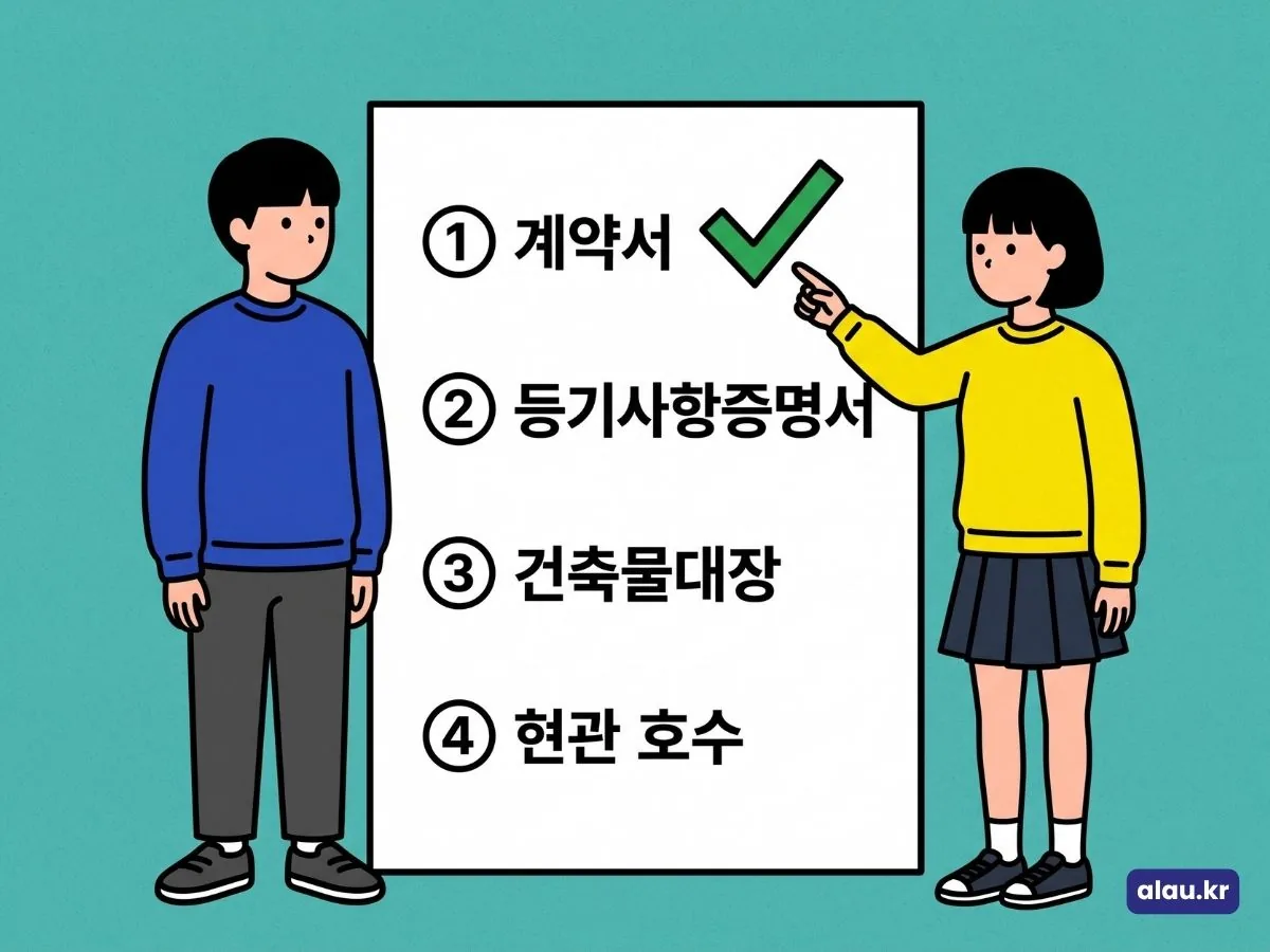계약서, 등기사항증명서, 건축물대장, 현관 호수 표시 네 곳을 1번부터 4번까지 차례로 확인하는 순서를 보여 주는 그림