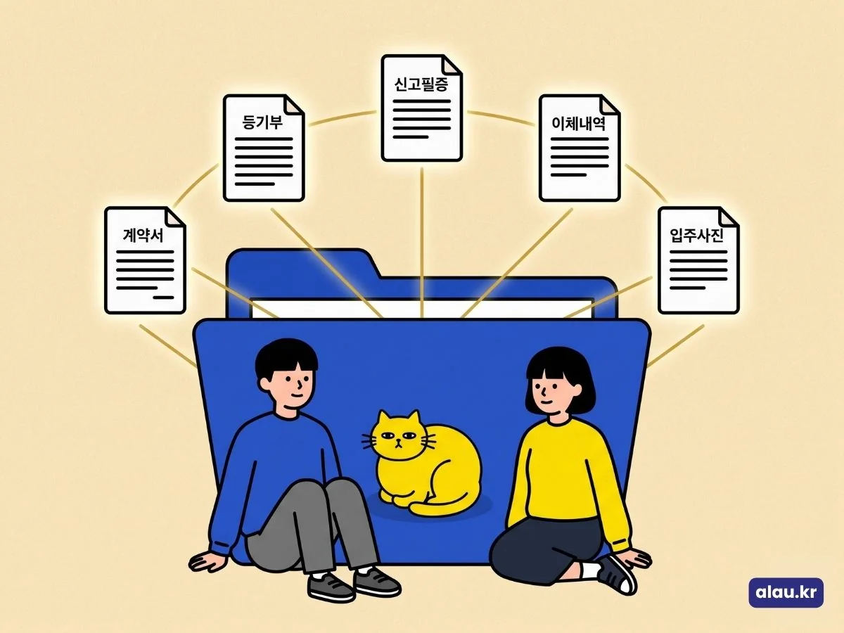 임대차 계약 서류 보관 — 계약서, 등기부, 신고필증, 이체내역, 입주사진 다섯 묶음을 폴더 하나에 날짜와 함께 모으는 그림