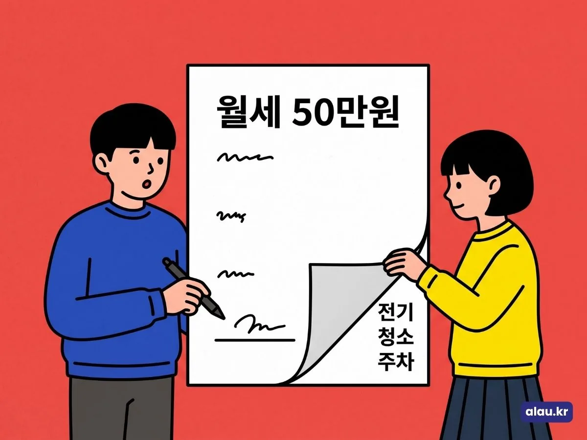 월세 50만 원만 적힌 계약서 뒷장에 전기·청소·주차 같은 관리비 항목이 가려져 있고, 서명 전에 그 장을 들춰 보는 그림