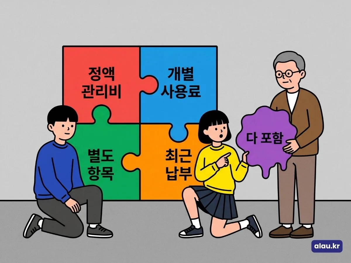 정액 관리비, 개별 사용료, 별도 항목, 최근 납부 네 조각으로 나뉜 퍼즐을 맞추자 관리비에 다 포함이라는 말이 통하지 않게 되는 그림