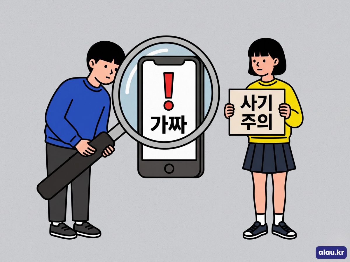 중고거래 판매글의 가짜 여부를 돋보기로 확인하고 사기 주의를 알리는 그림
