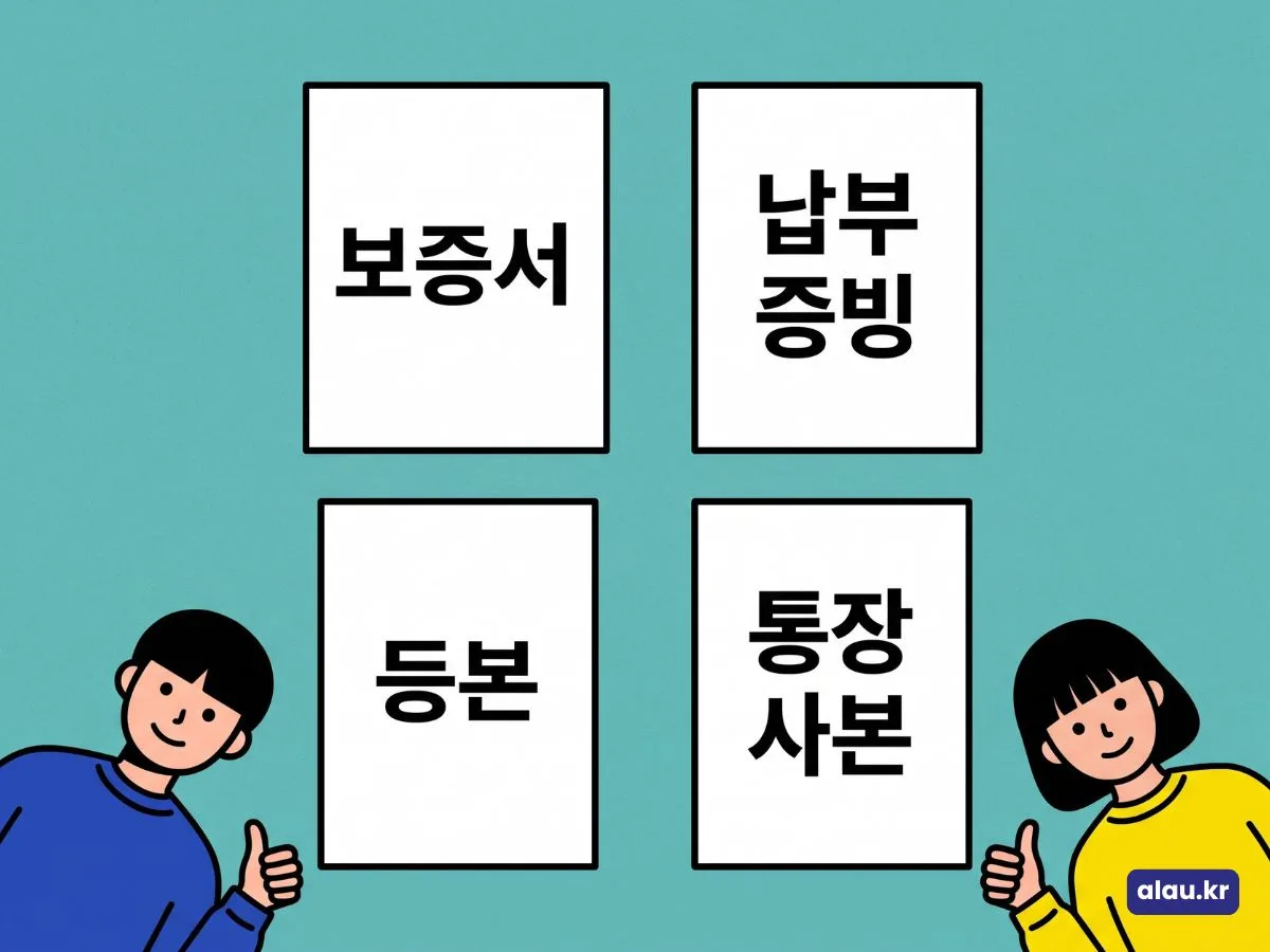 전세보증금 반환보증료 지원에 필요한 보증서, 납부 증빙, 주민등록등본, 통장 사본을 정리한 그림