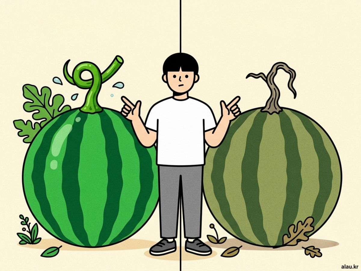 수박 꼭지 상태 비교 — 왼쪽은 싱싱한 꼭지로 최근 수확한 것, 오른쪽은 마른 꼭지로 오래된 것